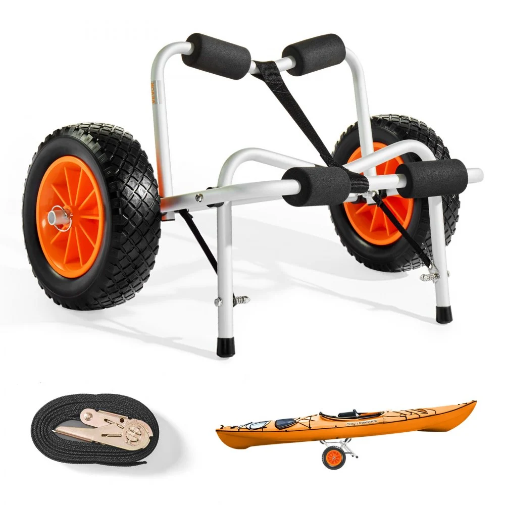 VEVOR Kayak Cart, 250 lbs Load Capacity, Foldable Kayak Trolley with 10-inch Solid Rubber Tires & 1 Ratchet Strap, Paddle Board Trolley for Carrying Kayaks, Canoes, Paddleboards, Float Mats, Jon Boats