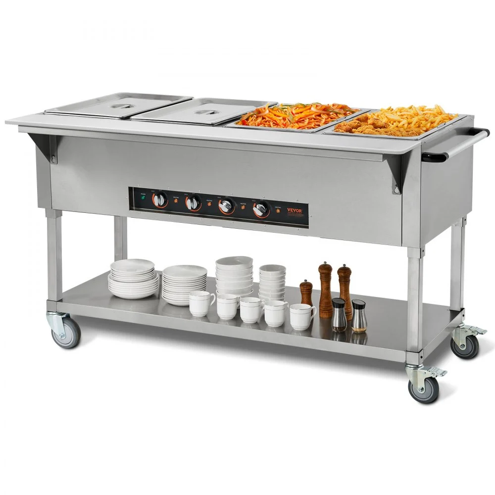 VEVOR 4-Pan Commercial Food Warmer, 4 x 20.6QT Electric Steam Table, 2000W Professional Buffet Catering Food Warmer with 4 Wheels (2 Lockable), Food Grade Stainless Steel Server for Party Restaurant