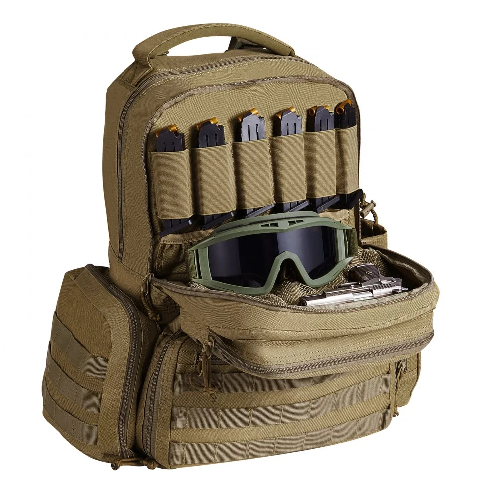 VEVOR Tactical Range Backpack for 6 Pistols, Gun Backpack with 6 Independent Pistol Bags & 10 Magazines, Pistol Backpack for Outdoor Hunting Shooting, Range Bag for Handguns Lockable Zipper,  Brown