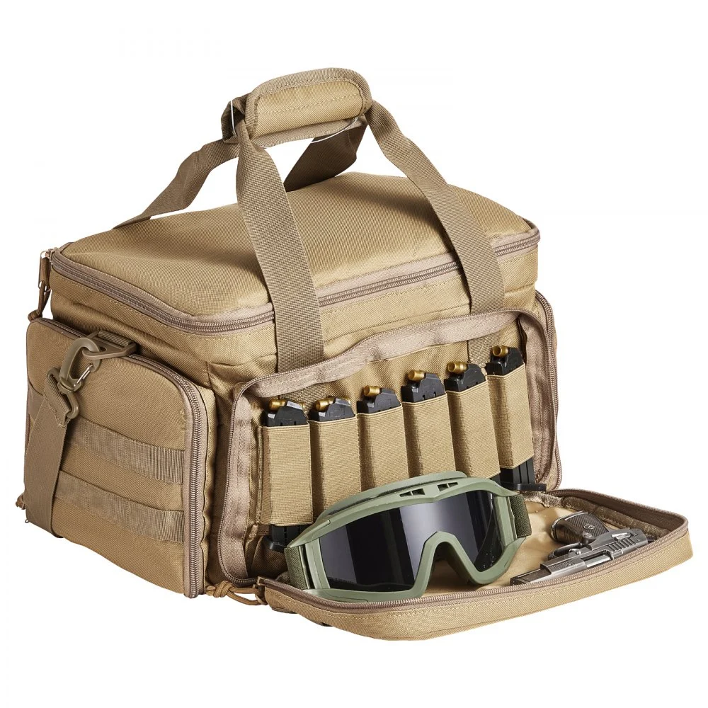 VEVOR Range Bag for 4 Pistols, Tactical Gun Range Bag with 3 Detachable Baffles & 6 Magazines, Firearm Shooting Handgun Bag for Outdoor Hunting Shooting Pistol Bag with Single Shoulder Strip, Brown