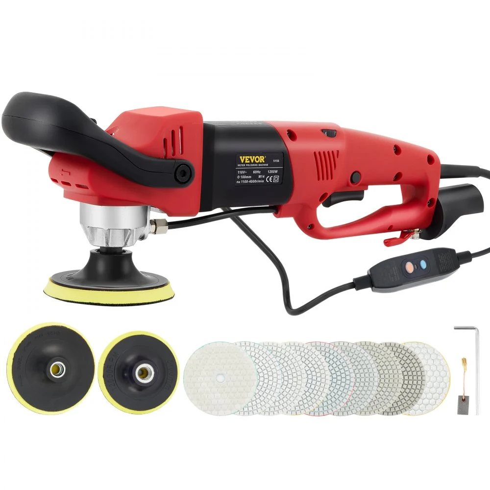 VEVOR Wet Polisher Grinder, 6 Variable Speed Buffing Machine & 8PCS Polishing Kit, with 4" & 5" Diamond Polishing Pads, Splash Shield, Concrete Stone Tool for Ceramic Tile Marble Stone Countertop