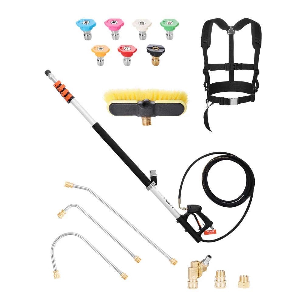 VEVOR Pressure Washer Telescoping Wand, 24 ft, 4000 psi, Telescopic Spray Wand with Power Washer Extension Wands, Gutter Cleaner, Brush Head, Pivoting Coupler, 7 Spray Nozzles and Support Harness