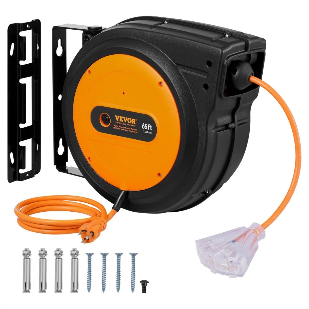 VEVOR Retractable Extension Cord Reel, 65 FT, Heavy Duty 12AWG/3C SJTOW Retractable Power Cord with Lighted Triple Tap Outlet, 15 Amp Circuit Breaker 180° Swivel Bracket for Ceiling or Wall Mount