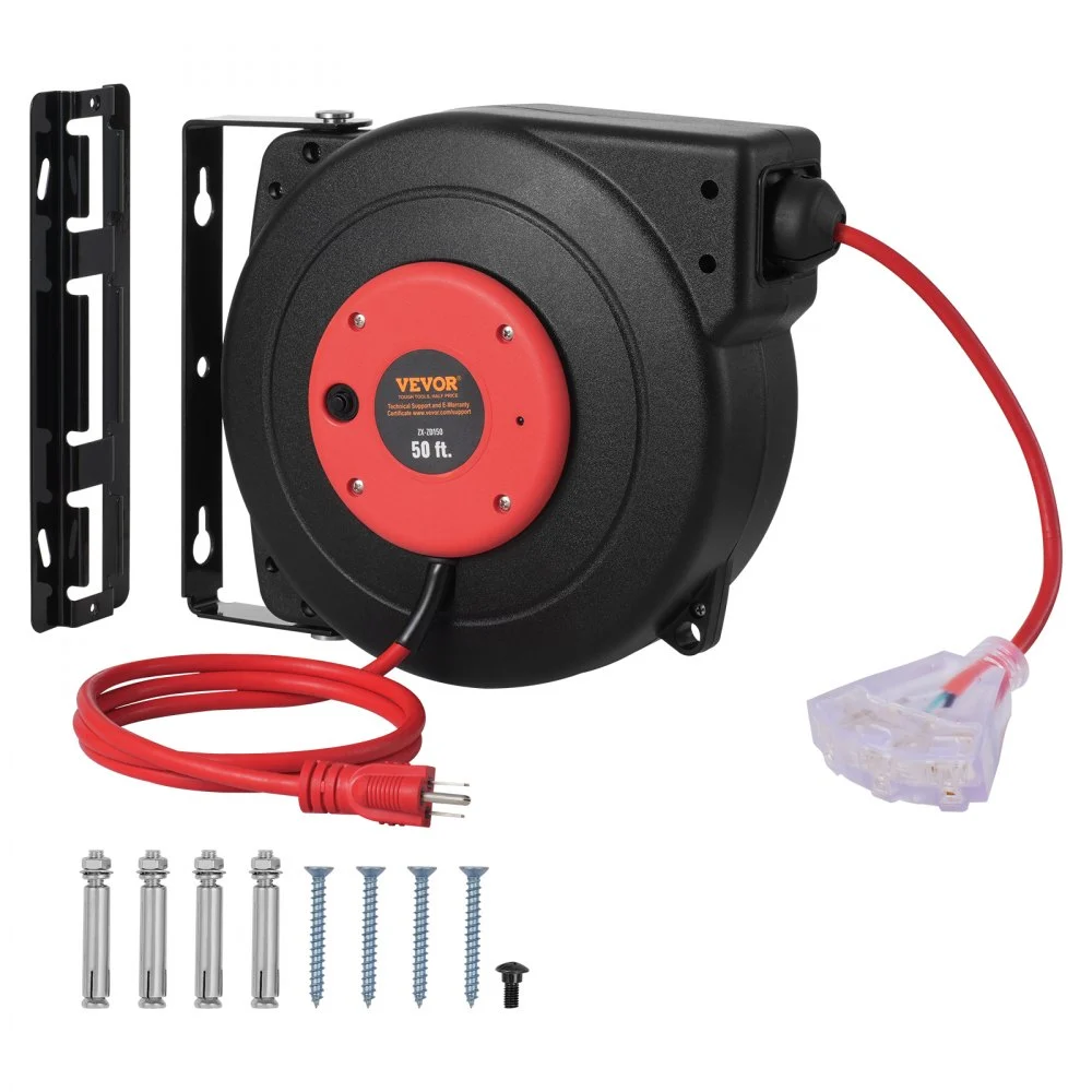 VEVOR Retractable Extension Cord Reel, 50 FT, Heavy Duty 14AWG/3C SJTOW Retractable Power Cord with Lighted Triple Tap Outlet, 13 Amp Circuit Breaker 180° Swivel Bracket for Ceiling or Wall Mount