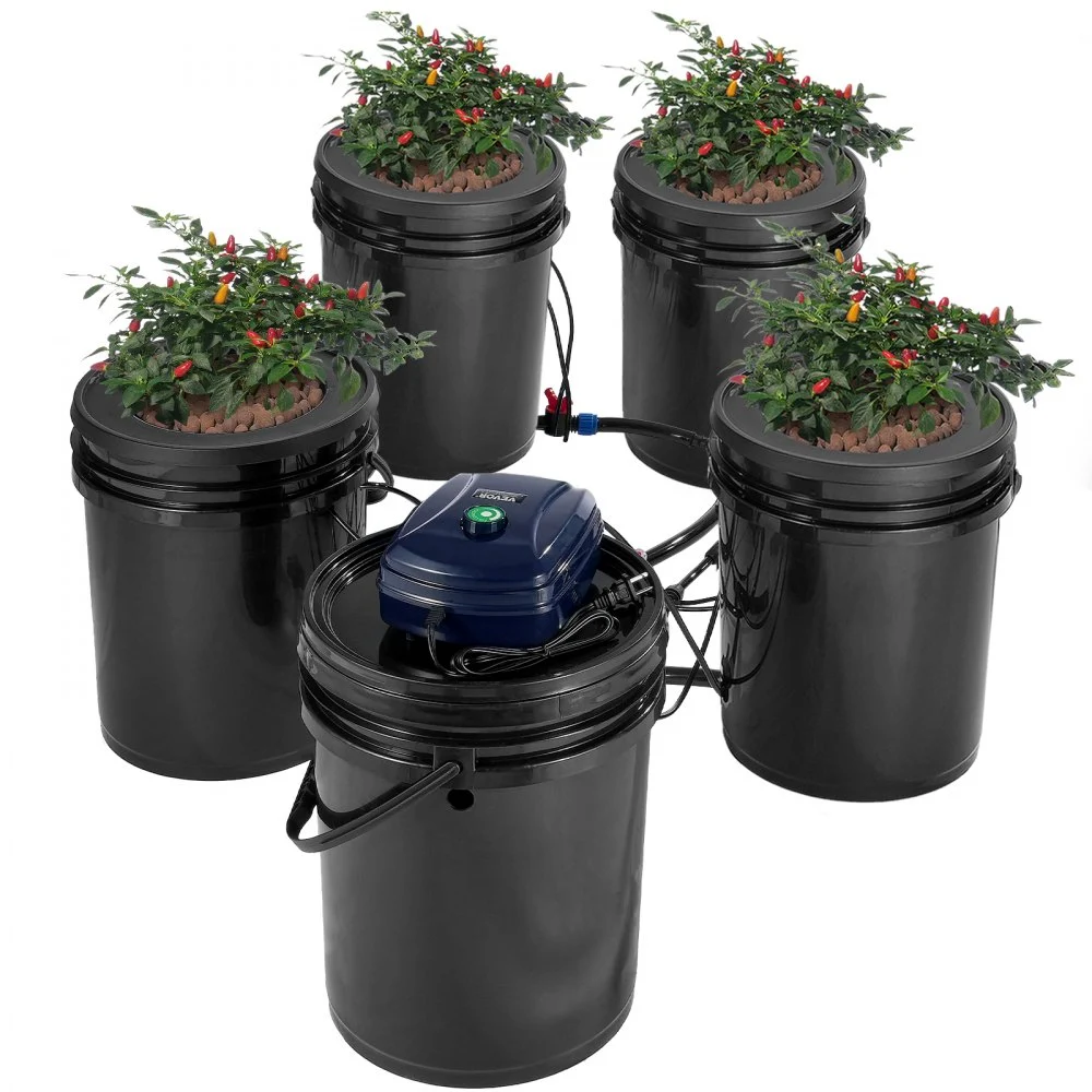 VEVOR RDWC Hydroponics Grow System, Hydroponic Growing Kit with Top Drip, Recirculating Deep Water Culture 4 Buckles and 1 Reservoir, with Air Pump and Water Level Device for Leafy Vegetables
