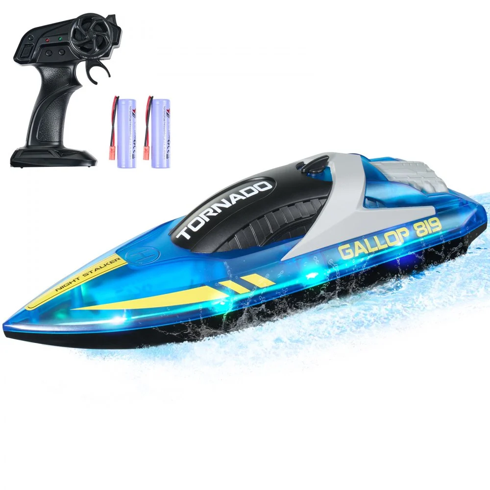 VEVOR RC Boat, 2.4GHz 12 km/h, Remote Control Boat for Pools & Lakes, Racing Boat with LED Light, 2 Rechargeable Batteries, Whole Body Waterproof, Water Play Toy Gift for Adults Boys & Girls, Blue