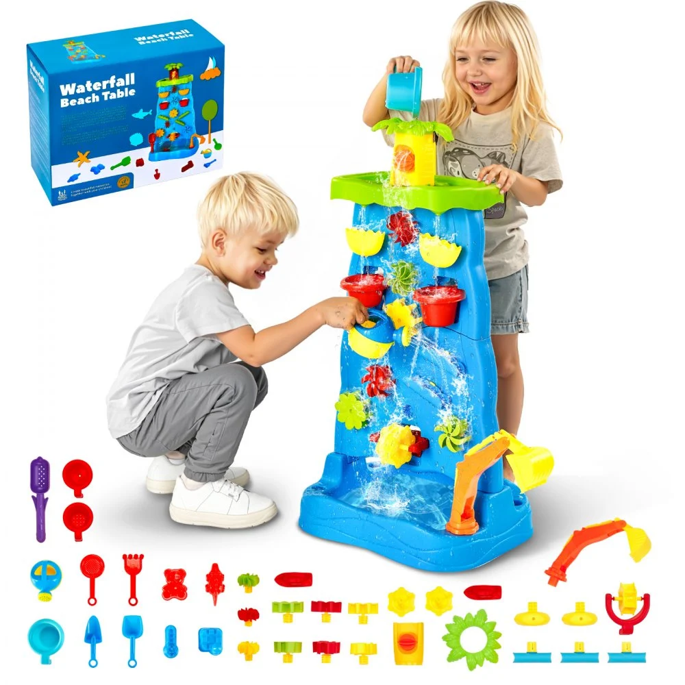 VEVOR Sand and Water Table for Toddlers, Double-Sided Kids Activity Waterfall Playset with 37PCS Accessories, Kids Activity Sensory Table, Outdoor Summer Sand Water Play Table for 3+ Years Boys Girls
