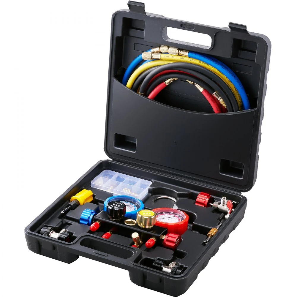 VEVOR 4 Way AC Gauge - AC Manifold Gauge Set for R134A R22 R12 R410A Refrigerant, Freon Gauges with 5ft Hoses, Couplers, Can Tap Works on Car Auto Freon Charging and Evacuation