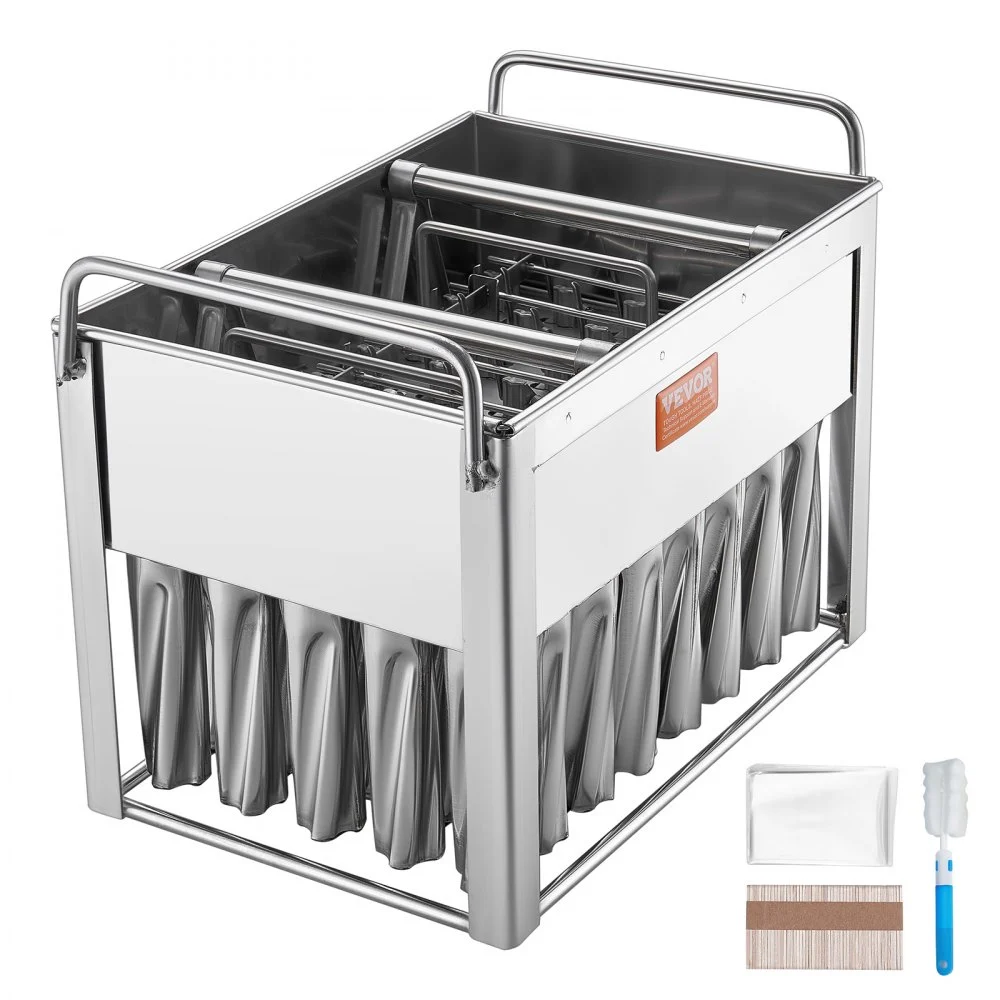 VEVOR Commercial Popsicle Moulds, 40PCS Cylindrical Ice Pop Moulds, Stainless Steel Ice Lolly Popsicle Moulds, Ice Cream Maker Mould Holder with 50PCS Popsicle Sticks & Bags (Single Mould Set - 40PCS)