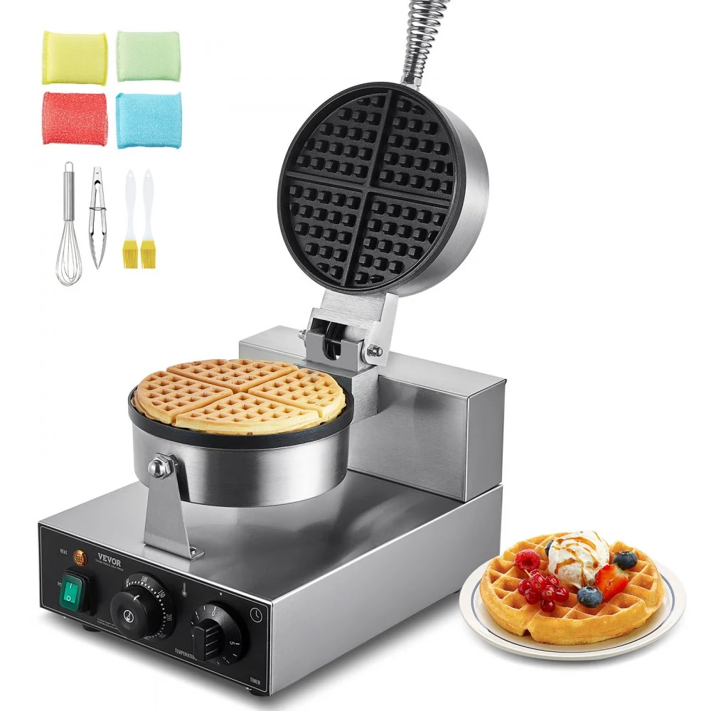 VEVOR Commercial Waffle Maker, 1230W Round Waffle Baker Machine, Non-Stick Stainless Steel Belgian Waffle Iron with Temperature and Time Control, Handle, for Restaurant Bakery Snack Bar Family