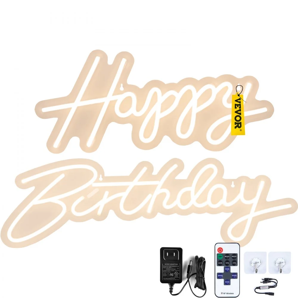 VEVOR Happy Birthday Neon Sign, 18" x 8" & 26" x 7.5" LED Neon Lights Signs, Adjustable Brightness with Dimmer Switch and Power Adapter, Reusable for Party, Club, Celebration and Decoration Warm W