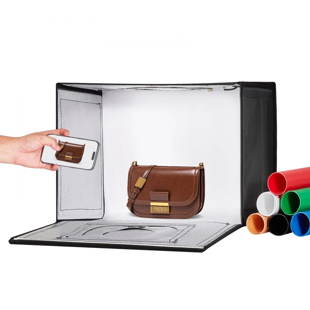 VEVOR Photo Studio Light Box, 12" x 12", 3000-5600K Adjustable 3 Color Temperatures Professional Shooting Tent Kit with 120 LED 6 Backdrops Soft Light Cloth, High CRI ≥ 95 for Small Size Products