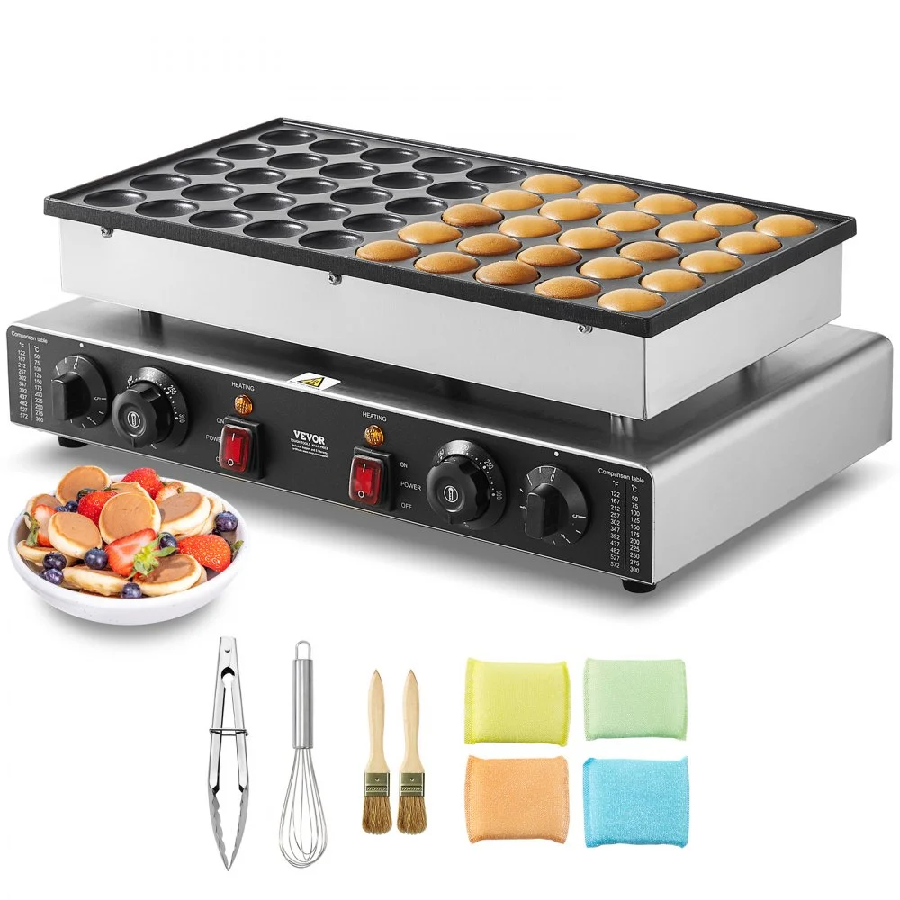 VEVOR Mini Dutch Pancake Maker, 50PCS 43mm Diameter Dorayaki Baker Machine, 1700W Commercial Electric Poffertjes Grill, Non-stick Stainless Steel, Dual Temp & Time Control, for Home Kitchen Restaurant