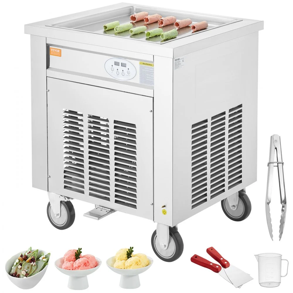 VEVOR Fried Ice Cream Roll Machine, 19.7" x 19.7" Square Stir-Fried Ice Cream Pan, Stainless Steel Commercial Rolled Ice Cream Maker with Compressor and 2 Scrapers, for Making Ice Cream, Frozen Yogurt