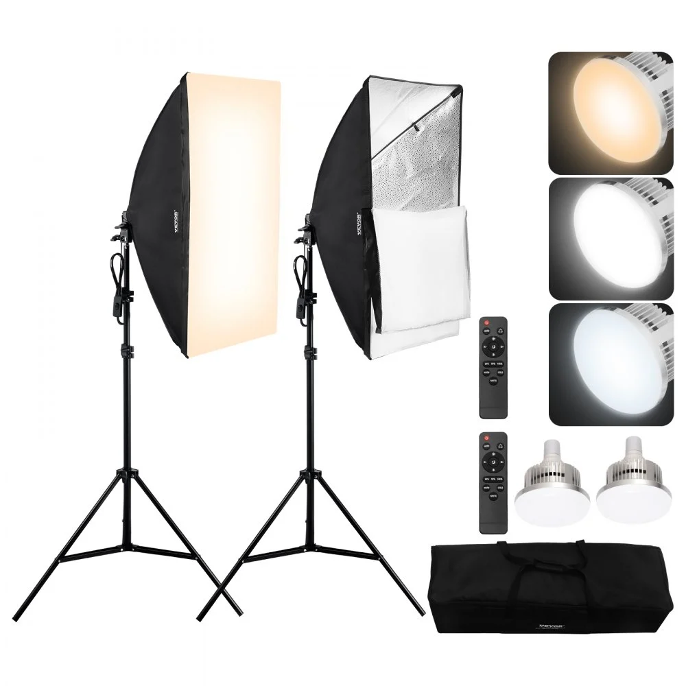 VEVOR Softbox Lighting Kit, 20" x 28", Professional Softbox with 45W 3000-6500K LED Bulbs, 3 Continuous Lighting Effects, Tripod Stand, Remote Control, Studio Lights for Portrait shooting, Live Streaming