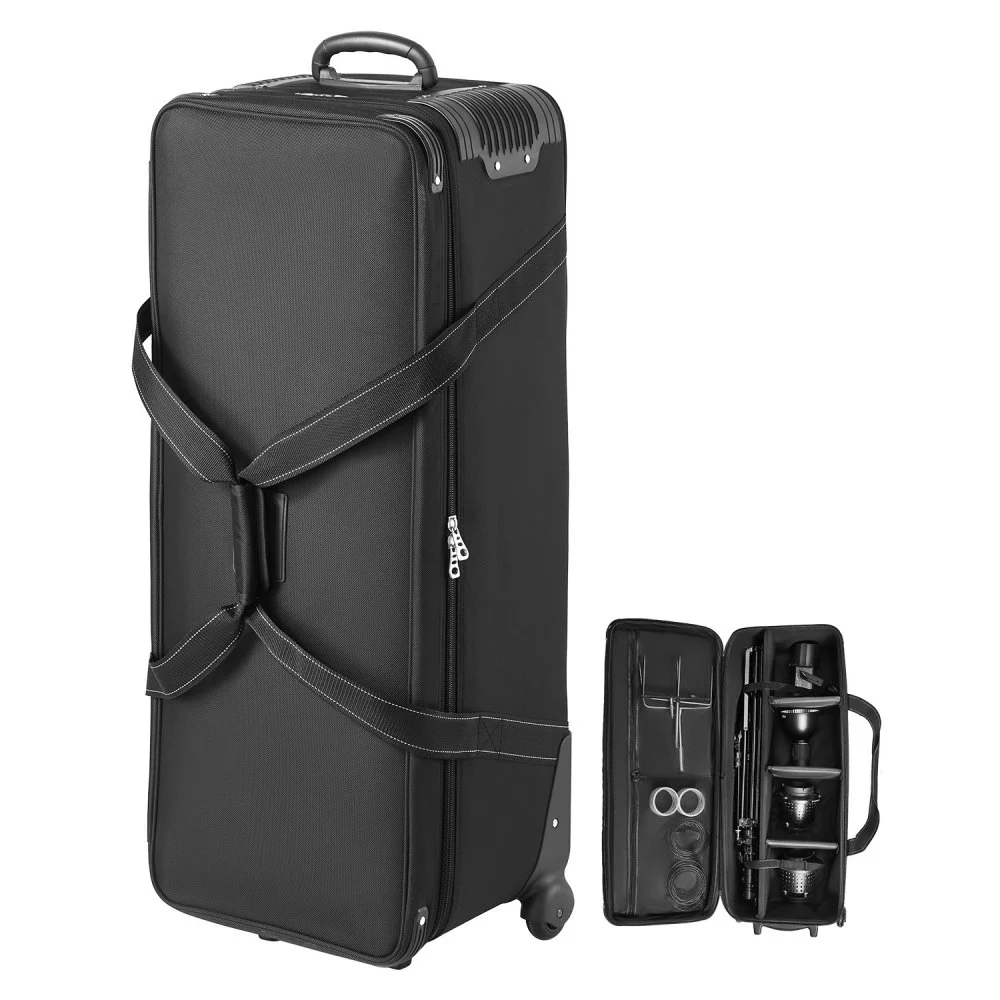 VEVOR Studio Equipment Trolley Case, 39.37 x 14.96 x 12.60 in / 100 x 38 x 32 cm, Rolling Camera Bag, Carrying Bag with Wheels Straps Padded Compartment Handle, for Light Stands, Tripods, Telescopes