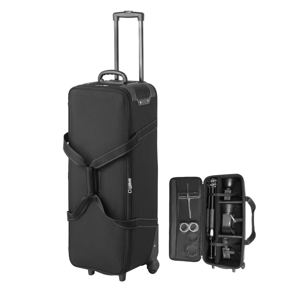 VEVOR Studio Equipment Trolley Case, 35.83 x 11.81 x 14 in / 91 x 30 x 35.5 cm, Rolling Camera Bag, Carrying Bag with Wheels Straps Padded Compartment Handle, for Light Stands, Tripods, Telescopes