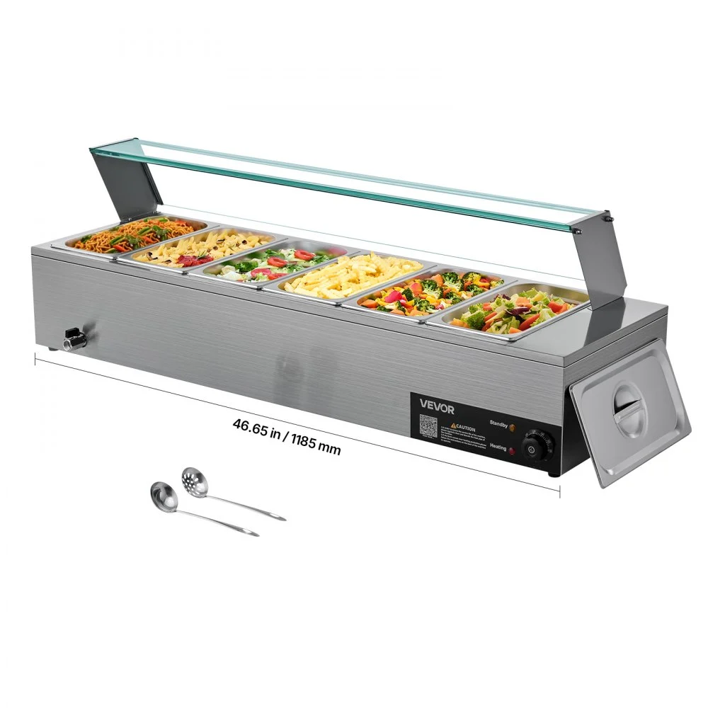 Summer Sale

        
               VEVOR Commercial Food Warmer, 1500W Electric Stainless Steel Steam Food Warmer with Glass Cover, 6 x 1/3 Size Pans Buffet Bain Marie with Soup & Perforated Ladles, for Catering, Restaurant & Party