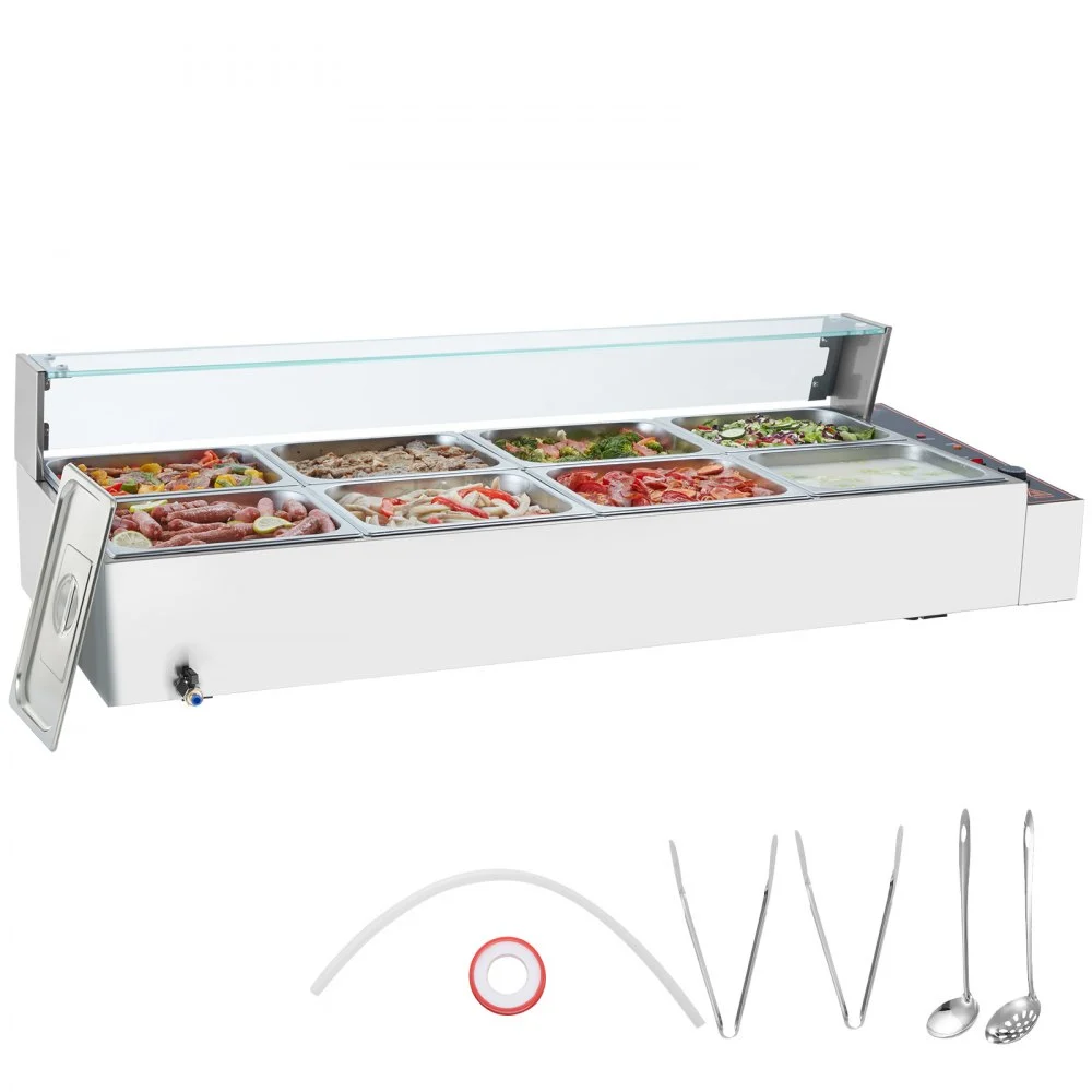 VEVOR 8-Pan Commercial Food Warmer, 8 x 8QT Electric Steam Table with Glass Cover, 1700W Countertop Stainless Steel Buffet Bain Marie 86-185°F Temp Control for Catering, Restaurants, Silver