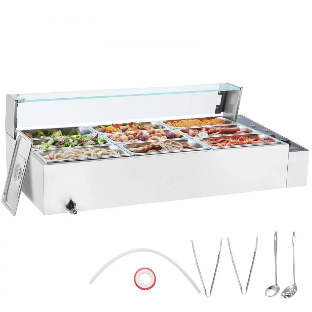 VEVOR 9-Pan Commercial Food Warmer, 9 x 5QT Electric Steam Table with Glass Cover, 1500W Countertop Stainless Steel Buffet Bain Marie 86-185°F Temp Control for Catering, Restaurants, Silver