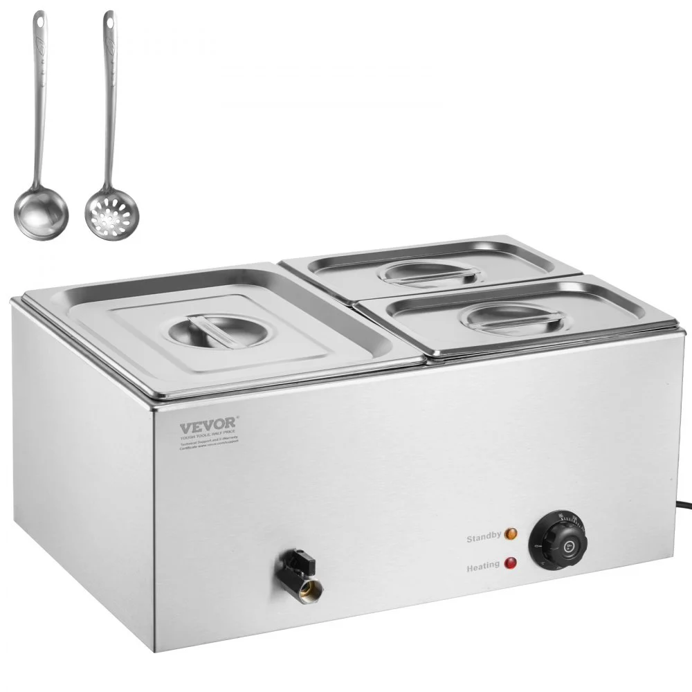 VEVOR 24QT Commercial Food Warmer, 3-Pan Electric Steam Table, 1200W Professional Countertop Stainless Steel Buffet Bain Marie with 86-185°F Temp Control for Catering, Buffet, Parties, Restaurants
