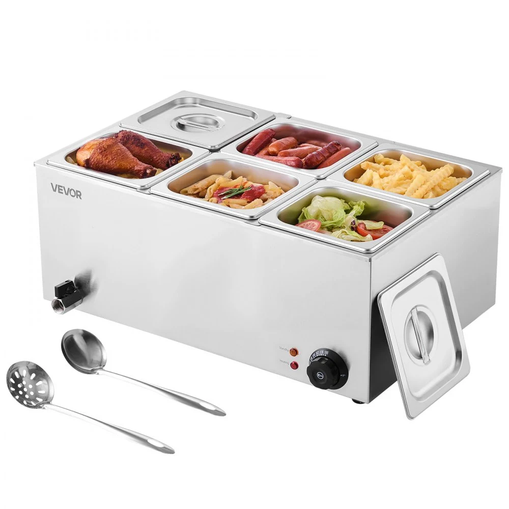 VEVOR 24QT Commercial Food Warmer, 6-Pan Electric Steam Table, 1200W Professional Countertop Stainless Steel Buffet Bain Marie with 86-185°F Temp Control for Catering, Buffet, Parties, Restaurants