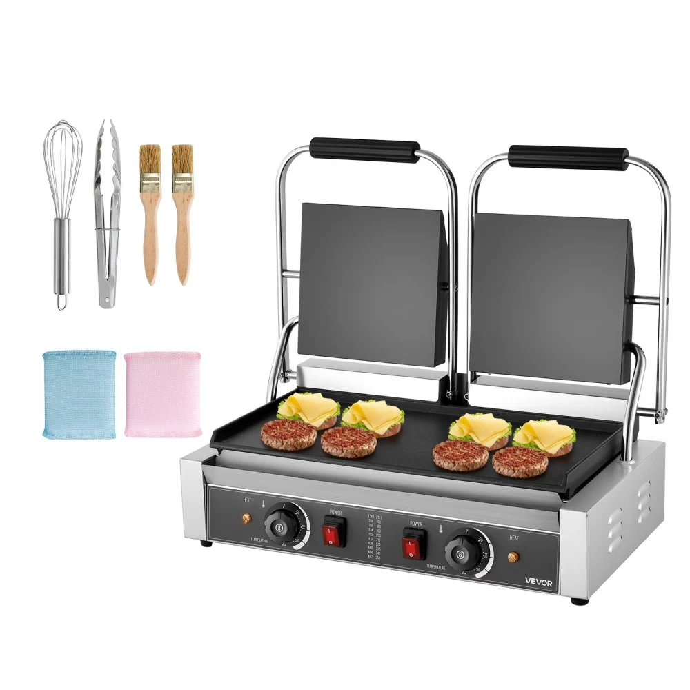 VEVOR Commercial Panini Grill, 3600W Electric Sandwich Panini Maker, Stainless Steel Double Sandwich Press, Panini Grill with Temp Control & 19"x9" Full Flat Enamel Plate, for Hamburger Steak Bacon