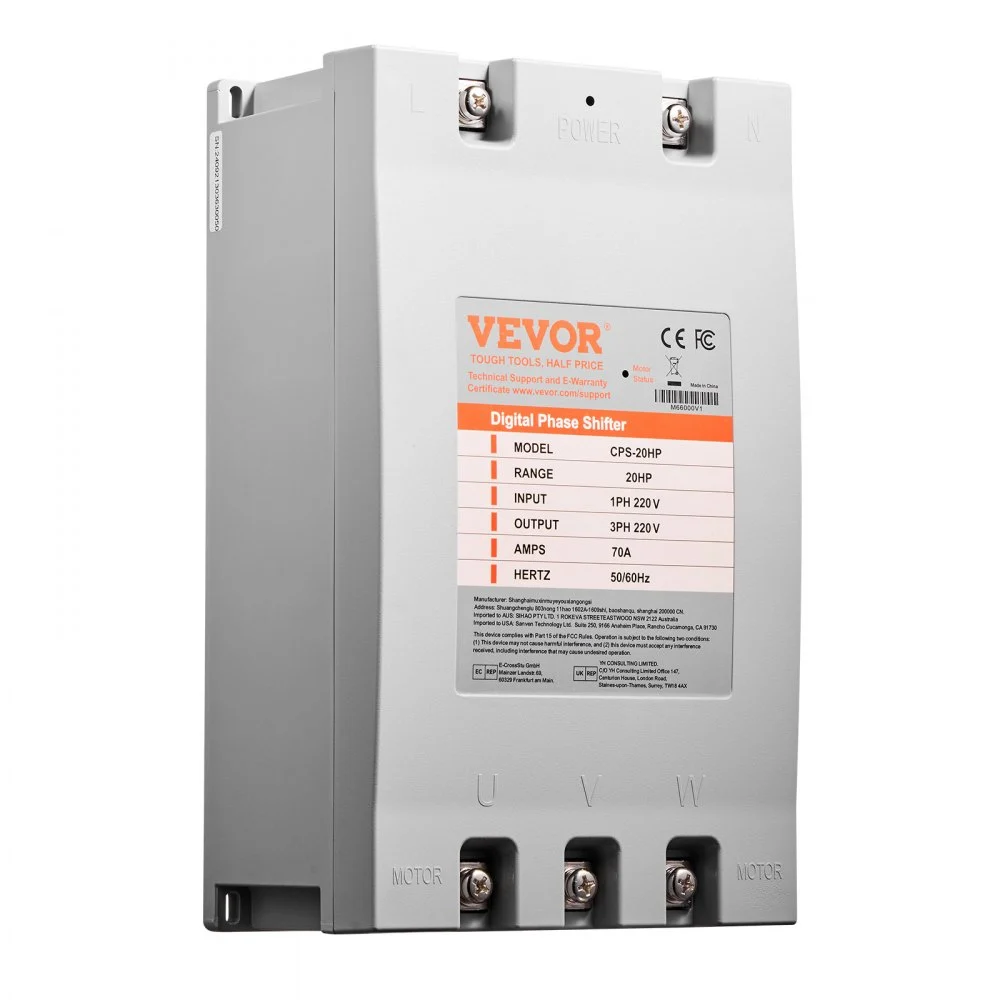 Summer Sale
VEVOR 3 Phase Converter - 20HP 70A 220V Single Phase to 3 Phase Converter, 220V Input/Output, Digital Phase Shifter for Residential & Light Commercial Use (One Converter for One Motor Only)