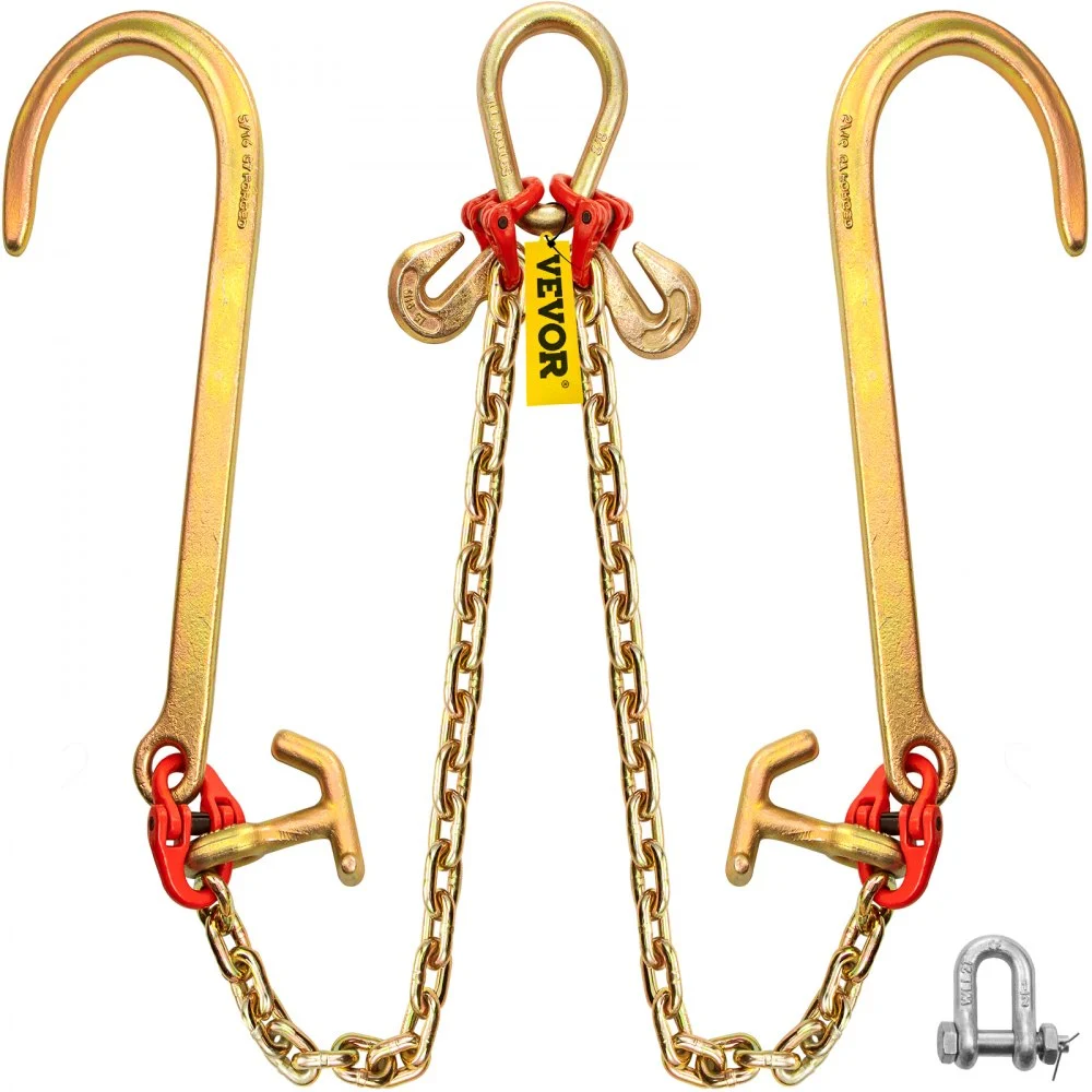 VEVOR G80 V Bridle Chain, 5/16" x 2' Towing Chain Bridle with 15" J Hooks, R Hooks & Grab Hooks, Heavy Duty Transport Chain Bridle with 10800 lbs Safe Working Load for Flatbed Truck Wrecker Recovery