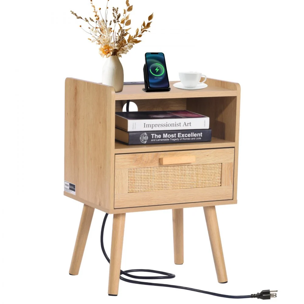 VEVOR Rattan Nightstand, Boho Bedside Table with Drawer Open Shelf, Rattan End Table Wooden Nightstand with Solid Wood Legs, Rattan Side Table with Charging Station, for Bedroom, Study & Living Room