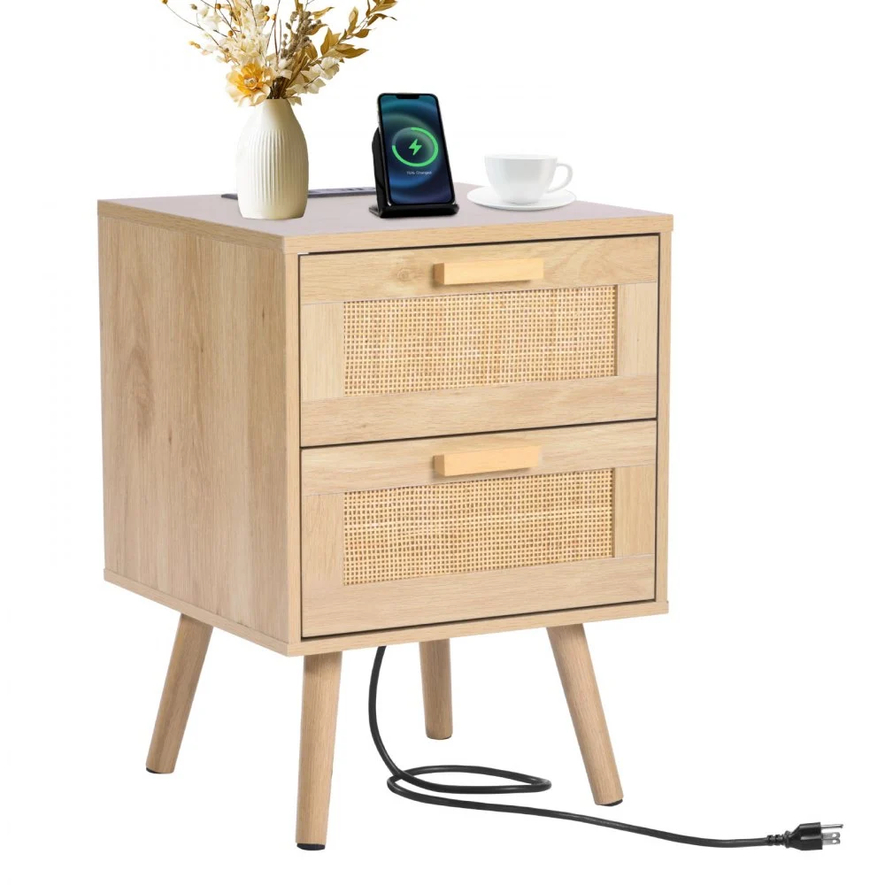 VEVOR Rattan Nightstand, Boho Bedside Table with 2 Drawers, Rattan End Table Nightstand with Solid Wood Legs, Rattan Bedside Table with Charging Station, for Bedroom, Study & Living Room