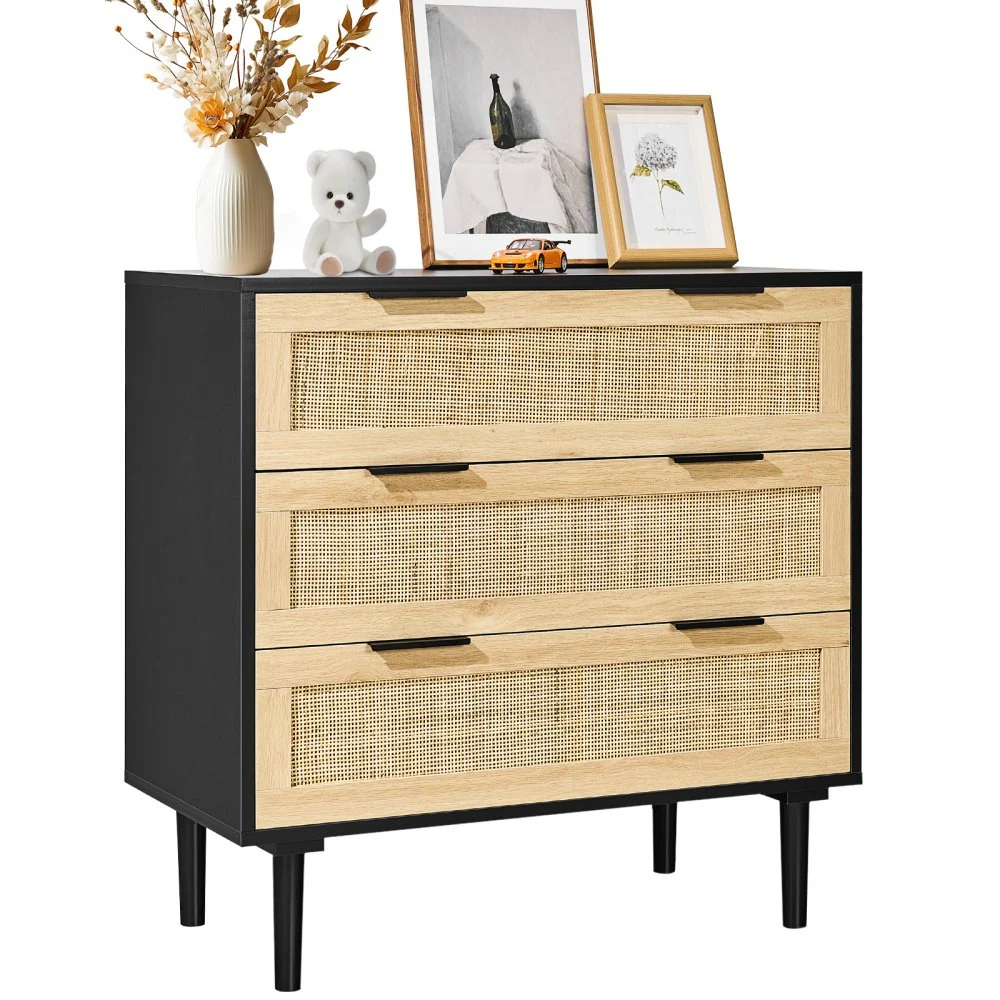 VEVOR 3 Drawer Rattan Dresser, Natural Rattan Closet Dresser with 3 Drawers, Modern Wood Chest Clothing Organizer & Storage Boho Dresser with Sturdy Handles & Legs, for Bedroom, Living Room & Hallway
