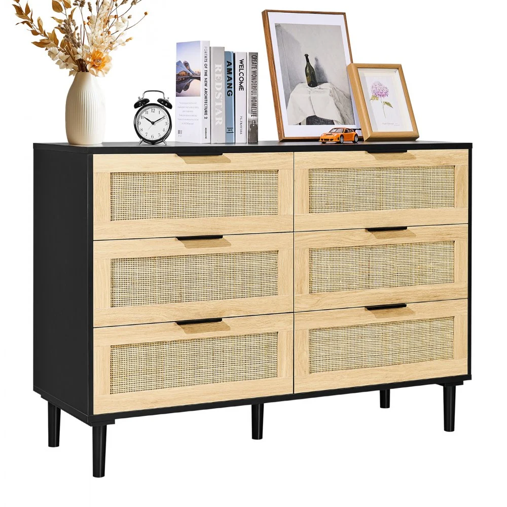 VEVOR 6 Drawer Rattan Dresser, Natural Rattan Closet Dresser with 6 Drawers, Modern Wood Chest Clothing Organizer & Storage Boho Dresser with Sturdy Handles & Legs, for Bedroom, Living Room & Hallway