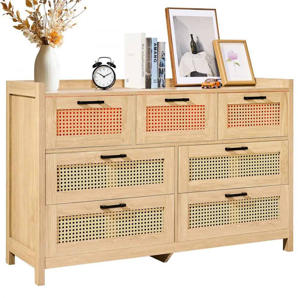 VEVOR 7 Drawer Rattan Dresser, Natural Rattan Wood Dressers with LED Light, Modern Wood Chest Clothing Organizer & Storage Boho Dresser with Sturdy Handles & Legs, for Bedroom, Living Room & Hallway