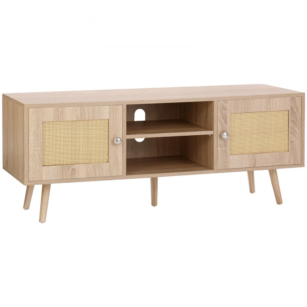 VEVOR Rattan TV Stand, Boho TV Cabinet for 55 inch TV, Mid Century Modern TV Stand, Rattan TV Console with Adjustable Shelfs for Living Room, Media Room, Oak