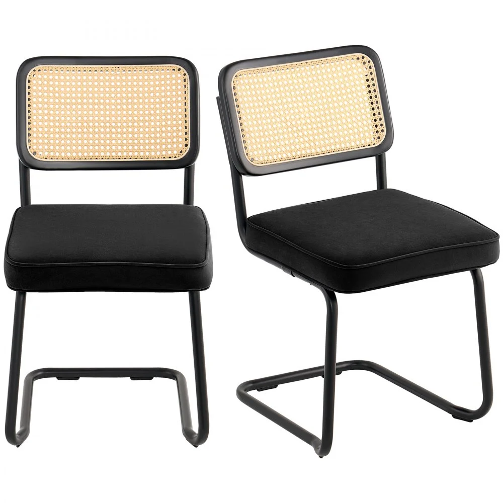 VEVOR Rattan Dining Chairs Set of 2, Mid Century Modern Dining Chair, Upholstered Velvet Accent Chair with Rattan Back, Retro Dining Room Kitchen Chair for Living Room, Bedroom, Office (18.1 Inch)