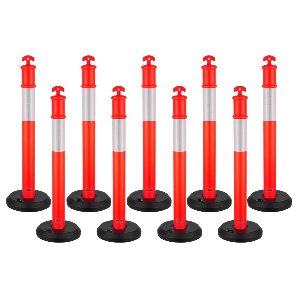VEVOR 9 Pack Traffic Delineator Posts, 48 inches Traffic Safety Cones with Fillable Base and Reflective Strips, Heavy Duty Delineator Posts for Construction Site, Parking Lot, Crowd Control, Red
