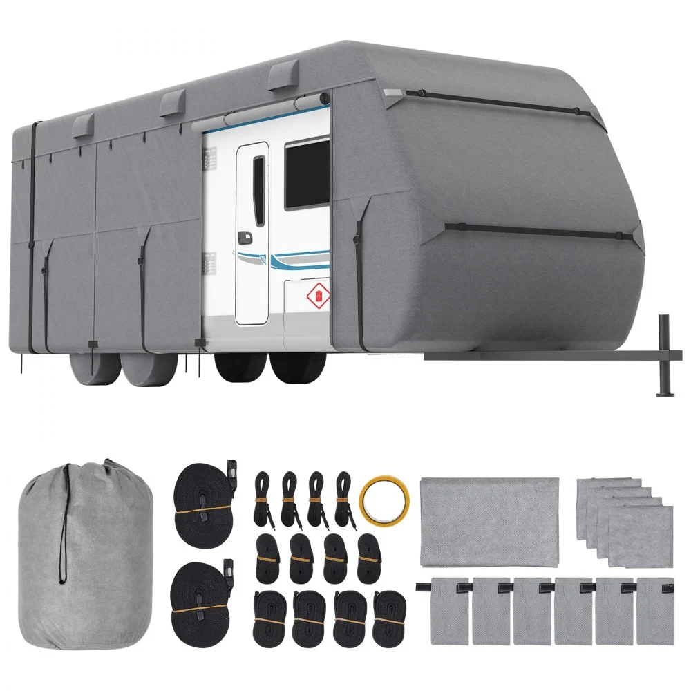 VEVOR Travel Trailer Cover, 18-20 ft RV Cover, 4-Layer Non-Woven Fabric Camper Cover, Waterproof, Windproof and Rip-Stop Class A RV Cover, with Storage Bag, Repair Patches, Straps and Tire Covers
