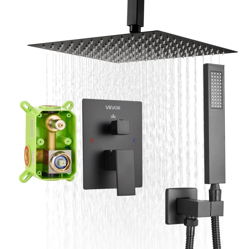 VEVOR Shower Faucet Set, Rainfall Bathroom Shower System with 10-Inch Square Rain Shower Head and Handheld Spray, Ceiling Mount Bath Fixtures with Brass Valve and Trim Kit, Matte Black