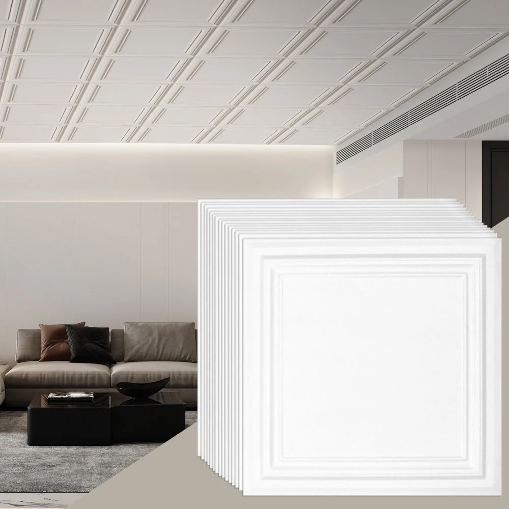 VEVOR Ceiling Tiles, 48-Pack 20 x 20 in, Drop Ceiling Tiles Premium Polystyrene Sheet, Easy Installation/ Cutting Plastic Glue-up Ceiling Tile, Basement Ceiling Covering for Home/Office Decoration