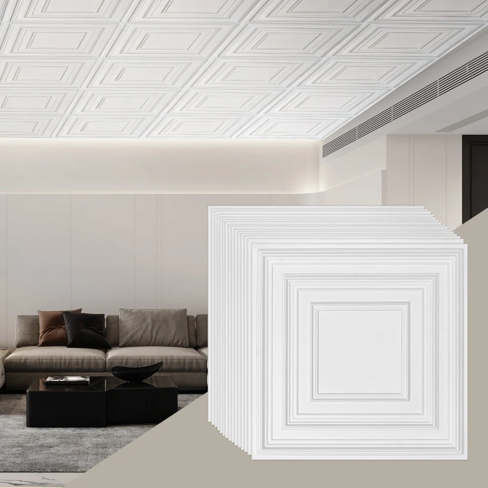 VEVOR Ceiling Tiles, 12-Pack 24 x 24 in, Drop Ceiling Tiles Premium PVC Sheet, Easy Installation/ Cutting Plastic Glue-up Ceiling Tile, Ceiling Covering for Home/Office Decoration, White Peg Pattern