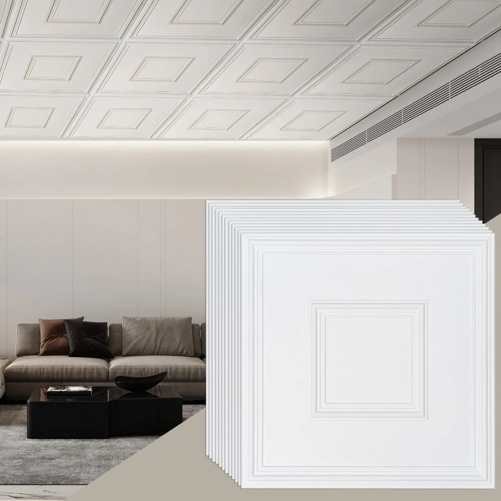 VEVOR Ceiling Tiles, 12-Pack 24 x 24 in, Drop Ceiling Tiles Premium PVC Sheet, Easy Installation/ Cutting Plastic Glue-up Ceiling Tile, Ceiling Covering for Home/Office Decoration, White Geometric