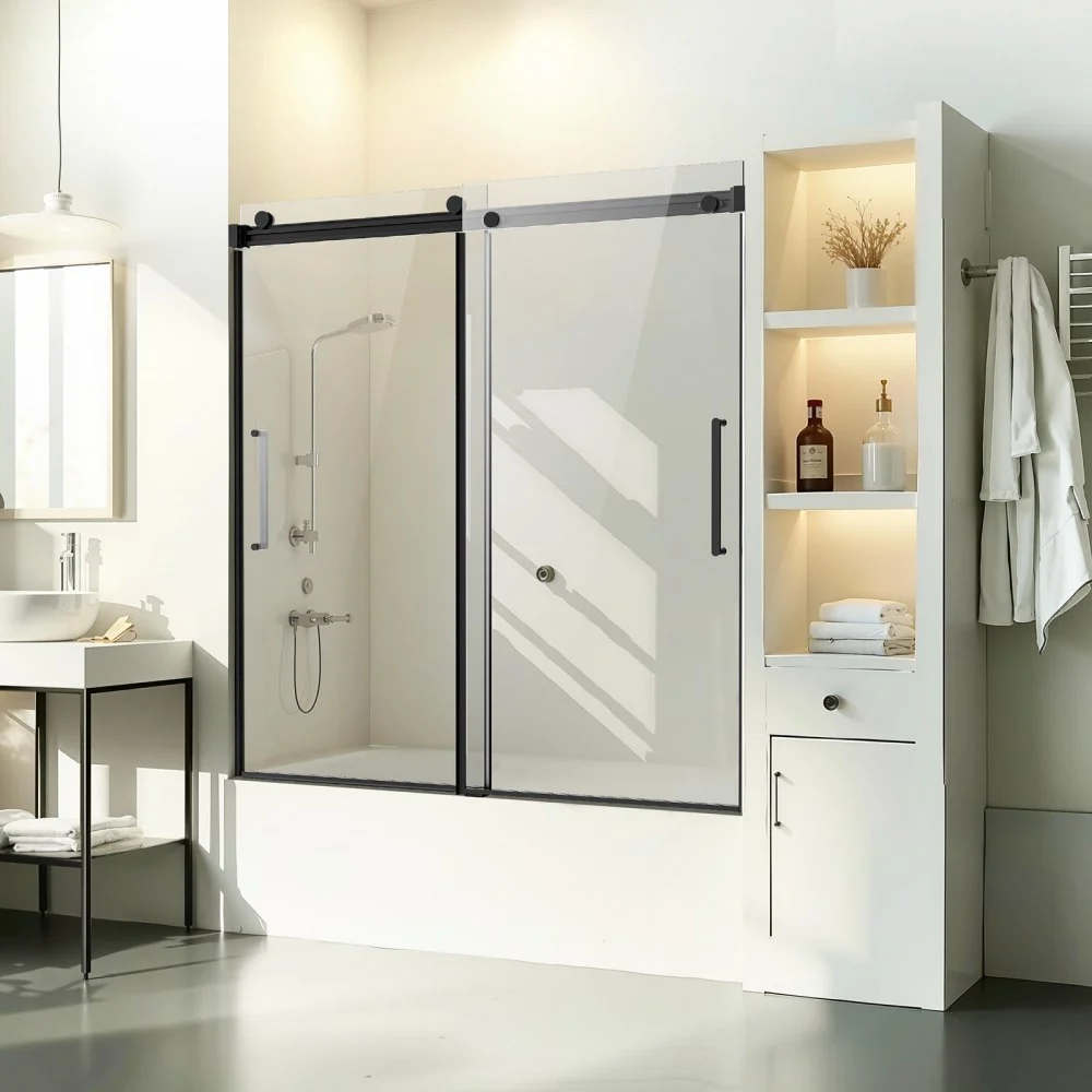 VEVOR Frameless Sliding Bathtub Door, 56-60 in.W x 60 in.H, Frameless Shower Glass Door, Frameless Double Sliding Tub Door with 5/16 in Clear Tempered Glass and Stainless Steel Handle, Black Finish