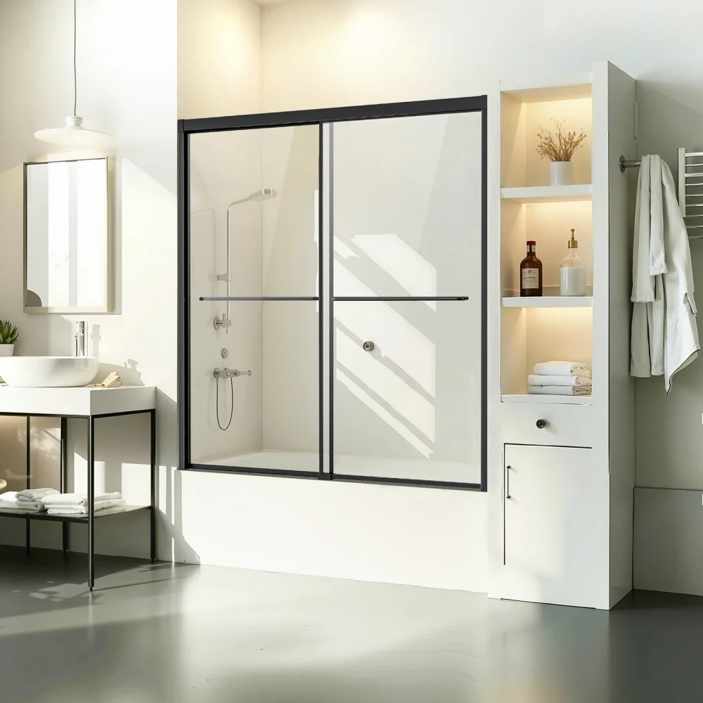 VEVOR Bathtub Shower Door, 56-60 in. W x 60 in. H, Semi-Frameless Double Sliding Tub Door, Semi-Frameless Bypass Tub Door with 1/4 in Shatterproof Tempered Glass and Stainless Steel Handle, Black