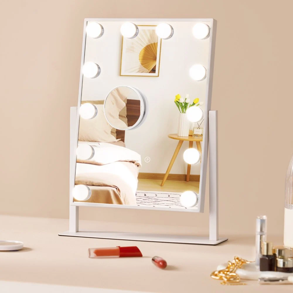 VEVOR Hollywood Vanity Mirror With Lights, 12 Dimmable Bulbs & 3 Color Lighting Modes, Makeup Mirror with Detachable 5X Magnification, Smart Touch Control, 360 Degree Rotation(16.1x11.8 in, White)