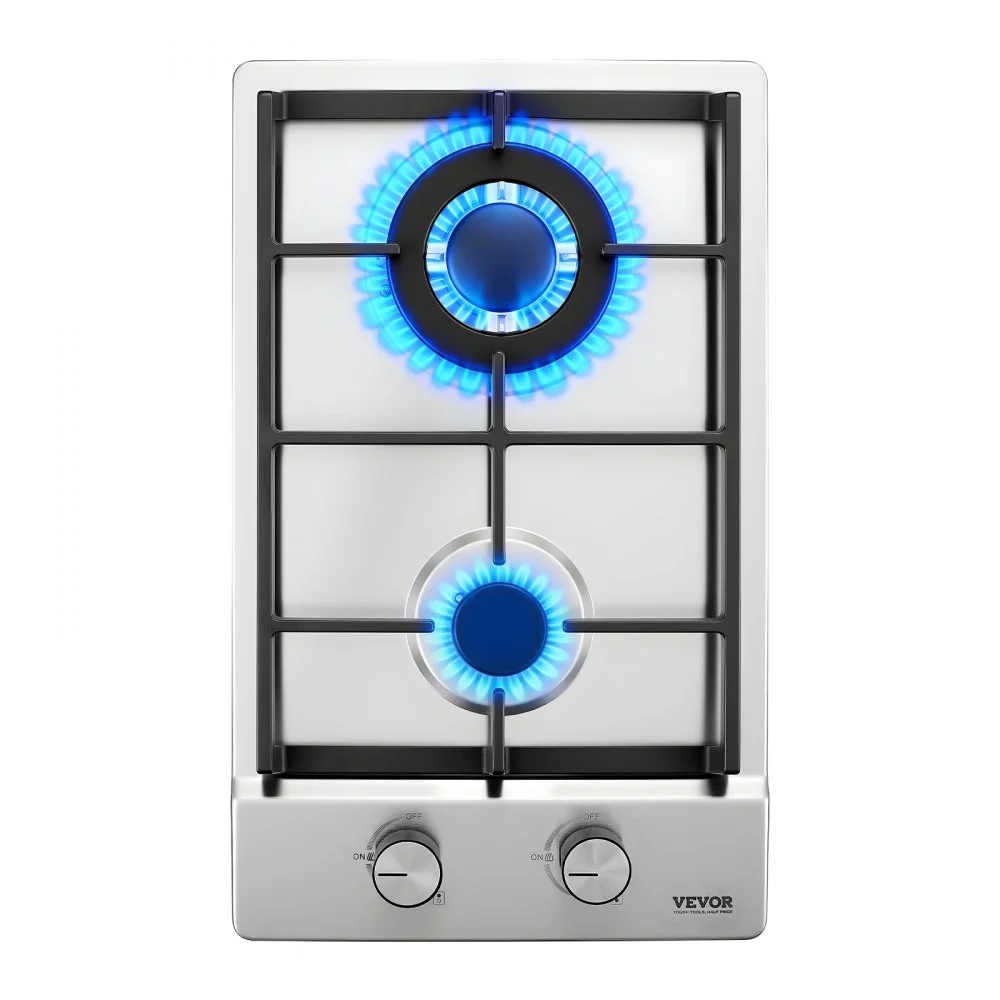 VEVOR Gas Cooktop 12 inch, Max 12250BTU 2 Burners Built-in Stainless Steel Gas Stove Top, LPG/NG Convertible Dual Fuel Natural Gas Hob with Thermocouple Protection for Outdoor, Kitchen, Camping, RV
