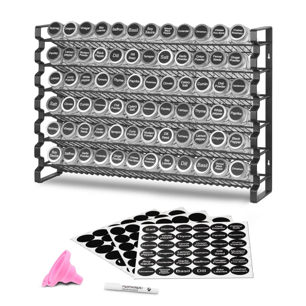 VEVOR Spice Rack Organizer for Cabinet, Spice Organizer with 72 Empty Spice Jars, Lids, Spice Labels, and Funnel Complete Set, Seasoning Organizer for Countertop, Kitchen, Pantry, Cupboard, 23x16 in