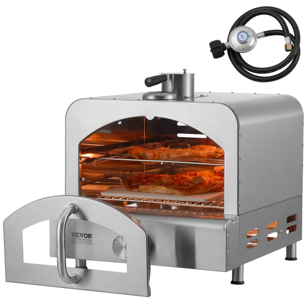 VEVOR Outdoor Pizza Oven, 13" Gas Fired Pizza Maker, Portable Outside Pizza Grill with Thickened Cordierite Pizza Stone and Built-in Thermometer, 430 Stainless Steel Gas Oven for Camping & Backyard
