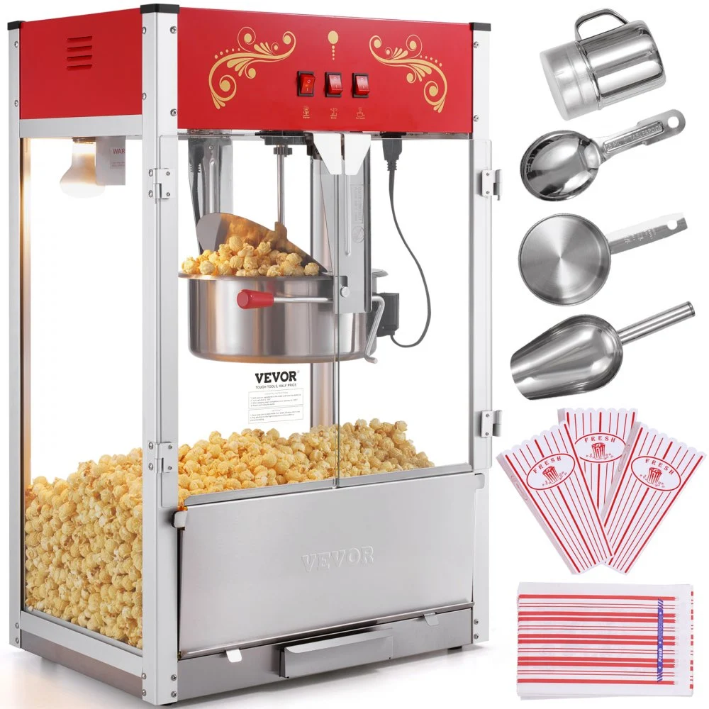 Summer Sale
VEVOR Popcorn Maker, 1615W Popcorn Popper Machine, 16 Oz Kettle Large Capacity Countertop Popcorn Maker with Tempered Glass, Includes 3 Stainless Steel Scoops, Movie Theater Style, Red