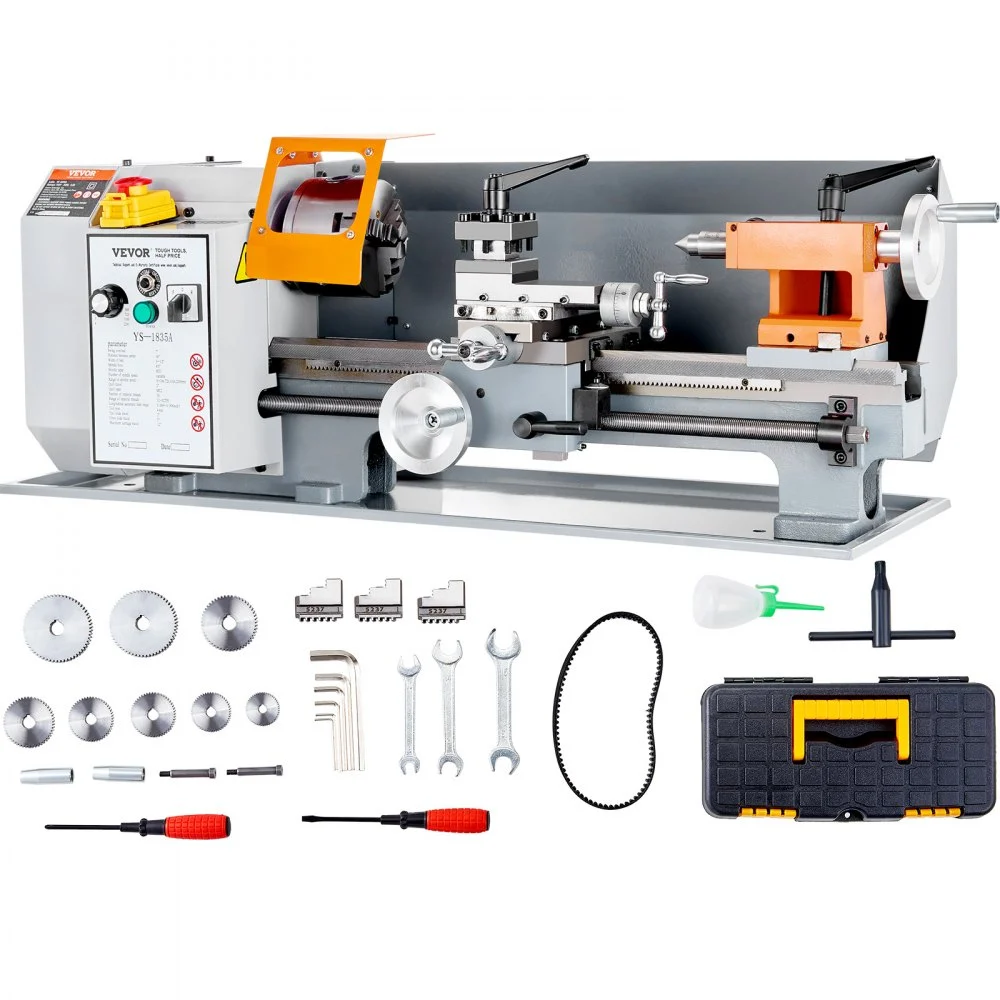 VEVOR Benchtop Metal Lathe, 7'' x 13.78'', offers precise metalworking with a 0-2200 RPM variable speed, powered by a 500W brush motor and durable metal gears. Includes a tool box for precise part